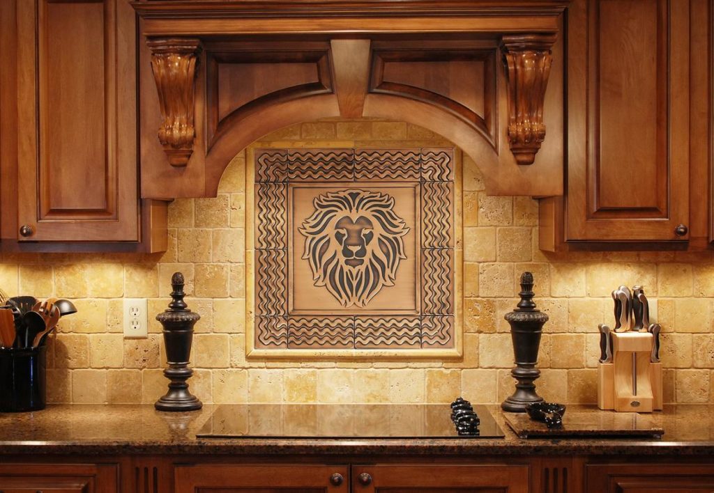 Copper tile backsplash representing dignified lion