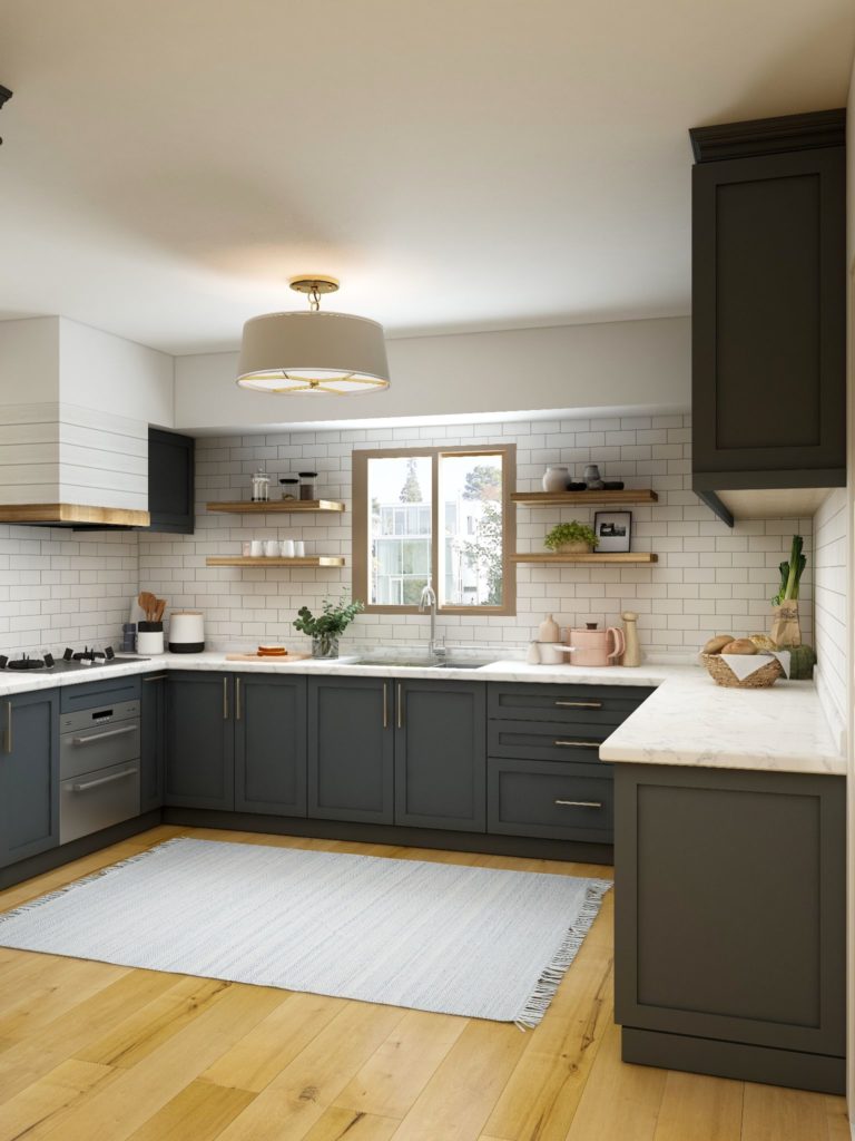 Large kitchen with dark cabinets