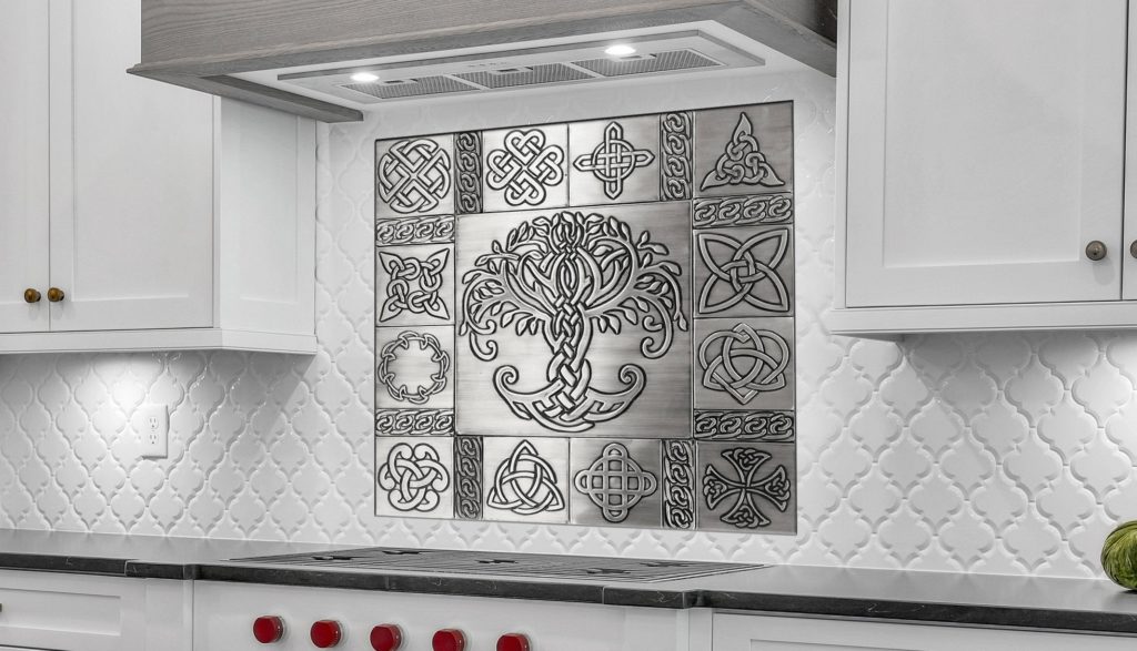 Beautiful unique celtic backsplash of stainless steel