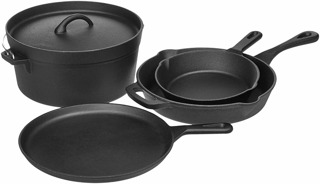 AmazonBasics Pre-Seasoned Cast Iron 5-Piece Kitchen Cookware Set