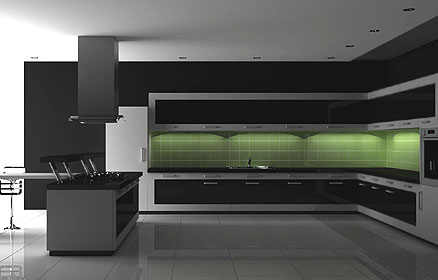 Modern kitchen design idea - black cabinets, stainless steel appliances, glass tile backsplash and floor