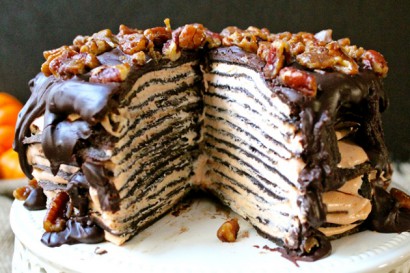 Chocolate Crepe Cake with Pumpkin Mascarpone Cream Filling