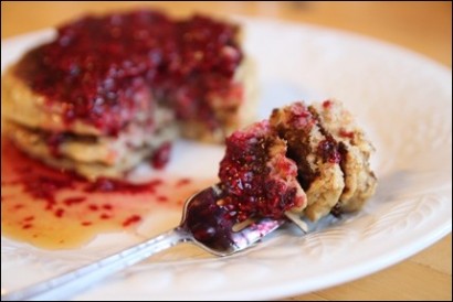 Whole Wheat Oatmeal Chocolate Chip Pancakes with Raspberry Sauce