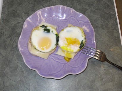 Baked Eggs and Spinach on Whole Wheat English Muffin