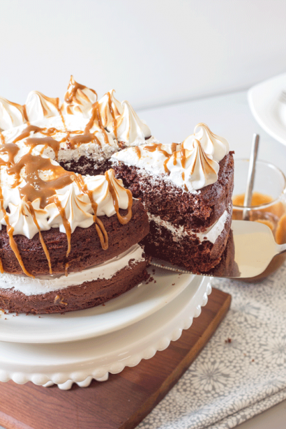 Meringue-Topped Chocolate Fudge Cake with Salted Caramel Sauce