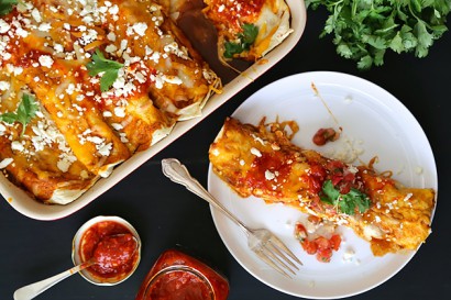 Moroccan-Spiced Chicken Enchiladas with Harissa Red Sauce