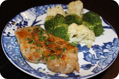 Apricot Pork Chops with Roasted Cauliflower and Broccoli