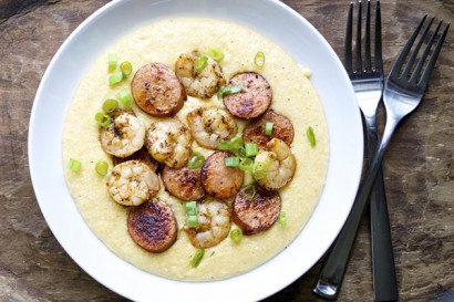 Andouille Sausage and Jerk Shrimp with Cheddar Grits