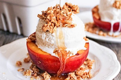 Grilled Peach Crisp Sundaes with Cinnamon Honey Drizzle