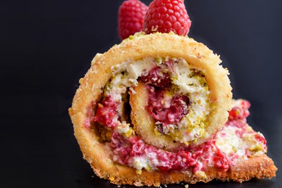 White Chocolate, Raspberry and Pistachio Swiss Roll