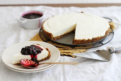 Lemon Ginger Panna Cotta Cheesecake with Blueberry Sauce